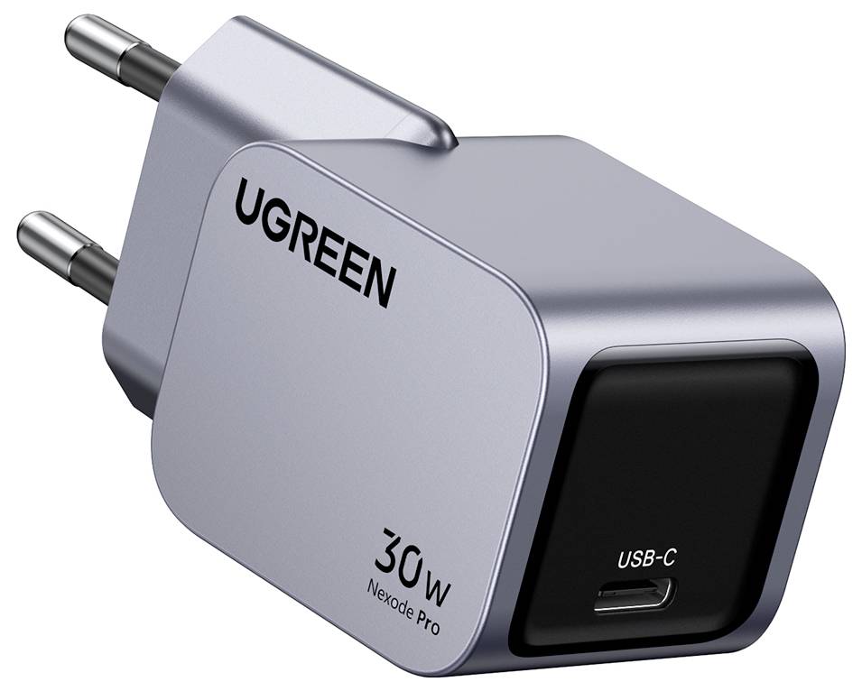 Ein silberner UGREEN 30W Nexode Pro USB-C Wandladegerät mit zwei runden Stiften, entwickelt für effiziente Stromversorgung.