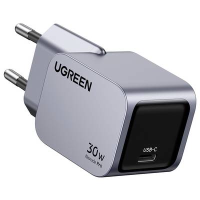 Ein silberner UGREEN 30W Nexode Pro USB-C Wandladegerät mit zwei runden Stiften, entwickelt für effiziente Stromversorgung.