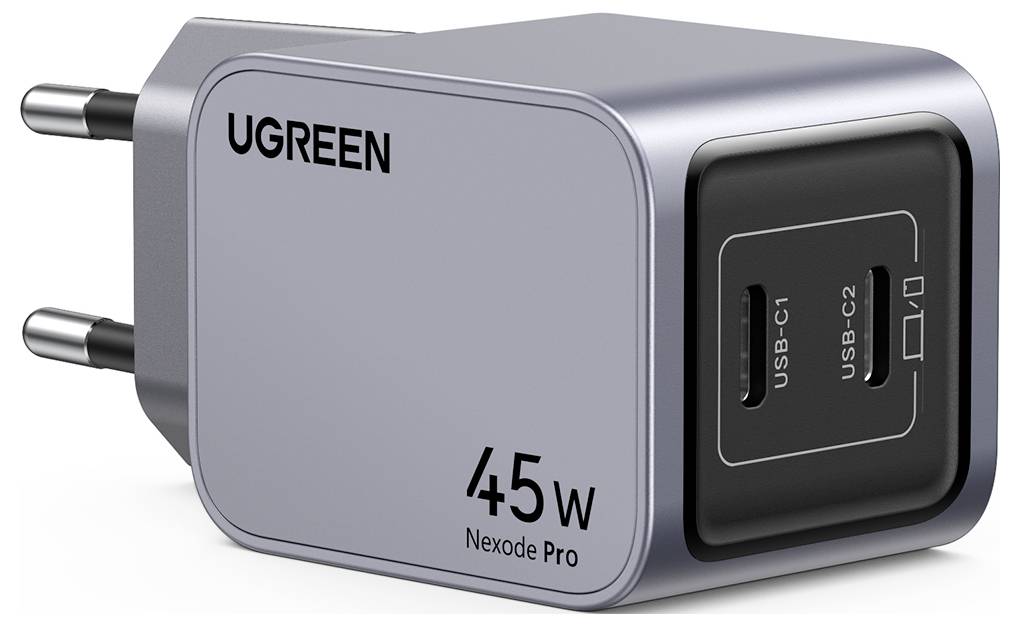 'UGREEN 45W Nexode Pro' Dual-Port USB-Wandladegerät mit europäischem Steckerdesign, ausgestattet mit zwei USB-C-Anschlüssen, gekennzeichnet als 'USB-C1' und 'USB-C2'.