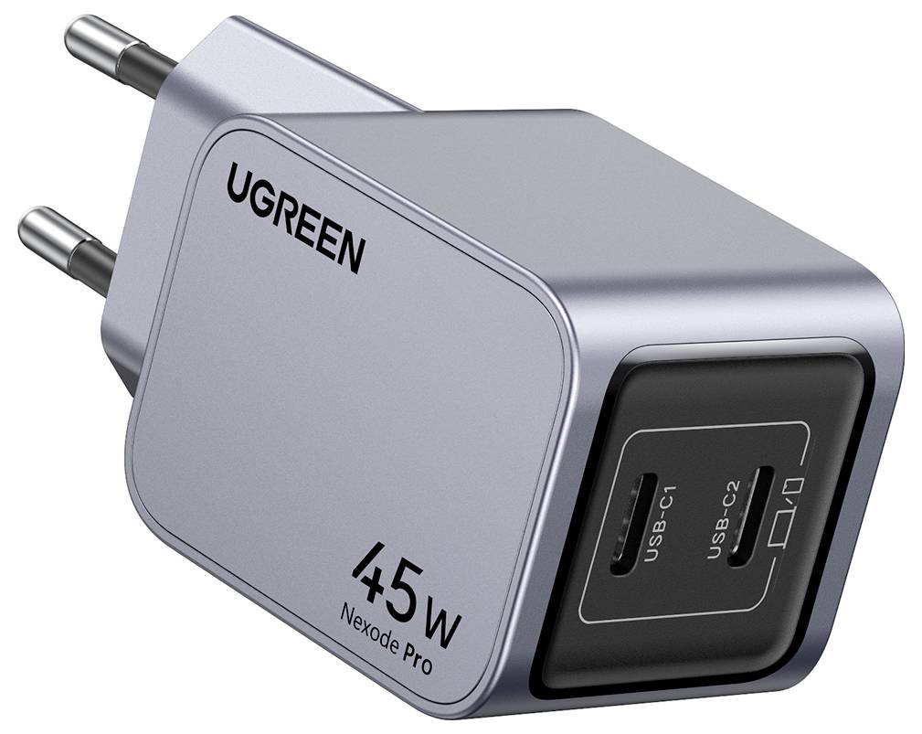 Ein silberner Ugreen 45W Nexode Pro Wandladegerät mit zwei USB-C-Anschlüssen, entwickelt für das schnelle Laden elektronischer Geräte.
