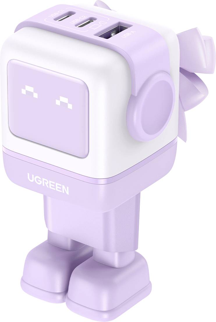 Ein Ladegerät in Lavendel und Weiß, das die Form eines Roboters hat, mit zwei USB-C-Anschlüssen und einem USB-A-Anschluss an der Oberseite. Der Markenname 'UGREEN' ist sichtbar.