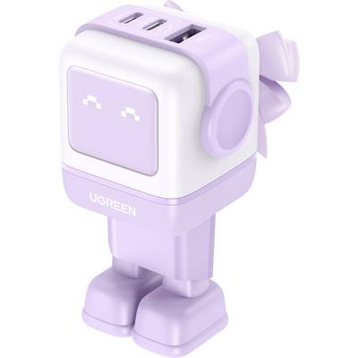 Ein Ladegerät in Lavendel und Weiß, das die Form eines Roboters hat, mit zwei USB-C-Anschlüssen und einem USB-A-Anschluss an der Oberseite. Der Markenname 'UGREEN' ist sichtbar.