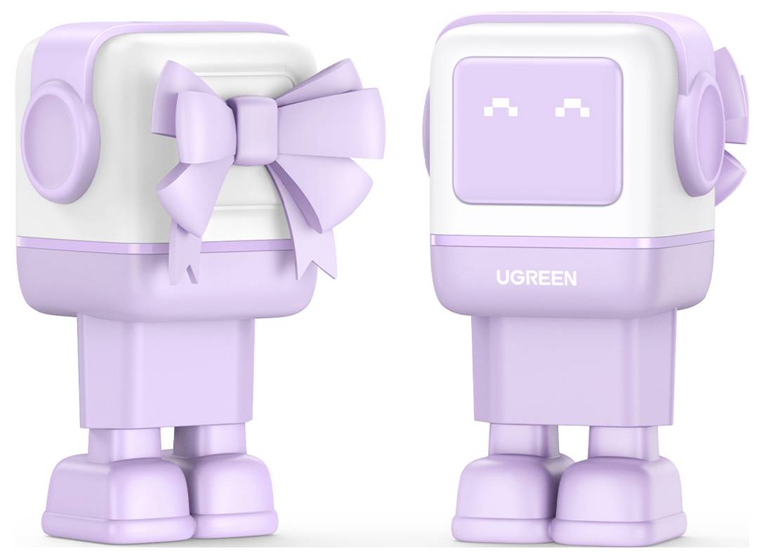 Zwei lila und weiße roboterhafte Figuren, wobei eine eine Schleife trägt und die andere ein gesichtsähnliches Muster auf einem Bildschirm zeigt.