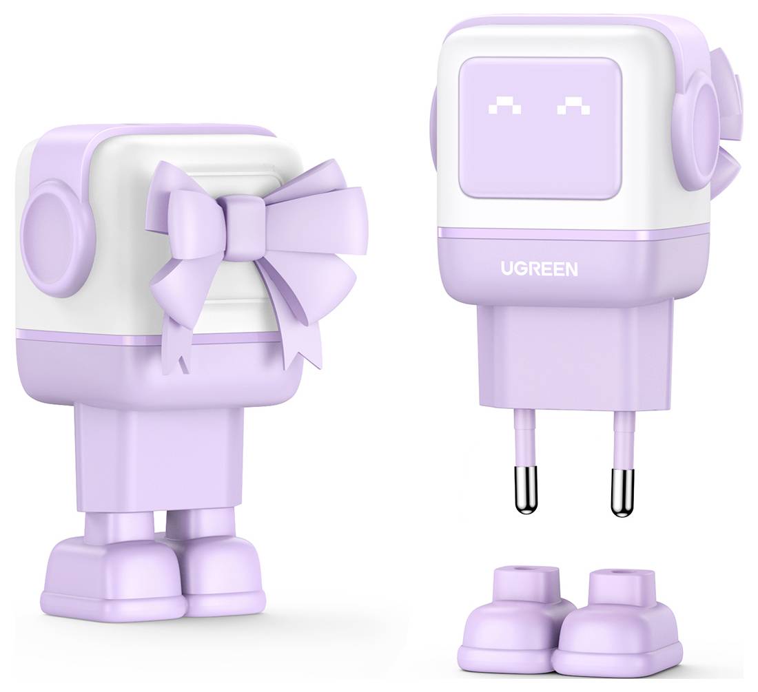 Ein Ladegerät mit Lavendel- und Weißtönen im Roboter-Design von UGREEN, mit einer Schleife am Rücken, Stecker als Beine und abnehmbaren Füßen.