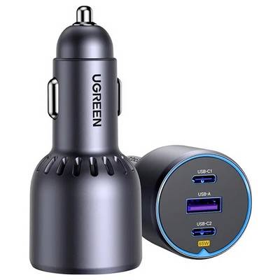 UGREEN Dual-Port-Kfz-Ladegerät-Adapter mit USB-C1-, USB-A-, USB-C2-Anschlüssen und 65W-Ausgabe, dargestellt in Vorder- und Seitenansichten auf weißem Hintergrund