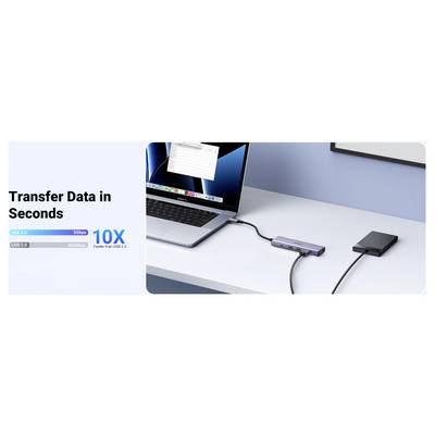 Ein Laptop, der über einen Hub mit einer externen Festplatte verbunden ist, mit dem Text "Daten in Sekunden übertragen." Hebt eine Werbung für schnelle Datenübertragungsgeschwindigkeiten hervor.
