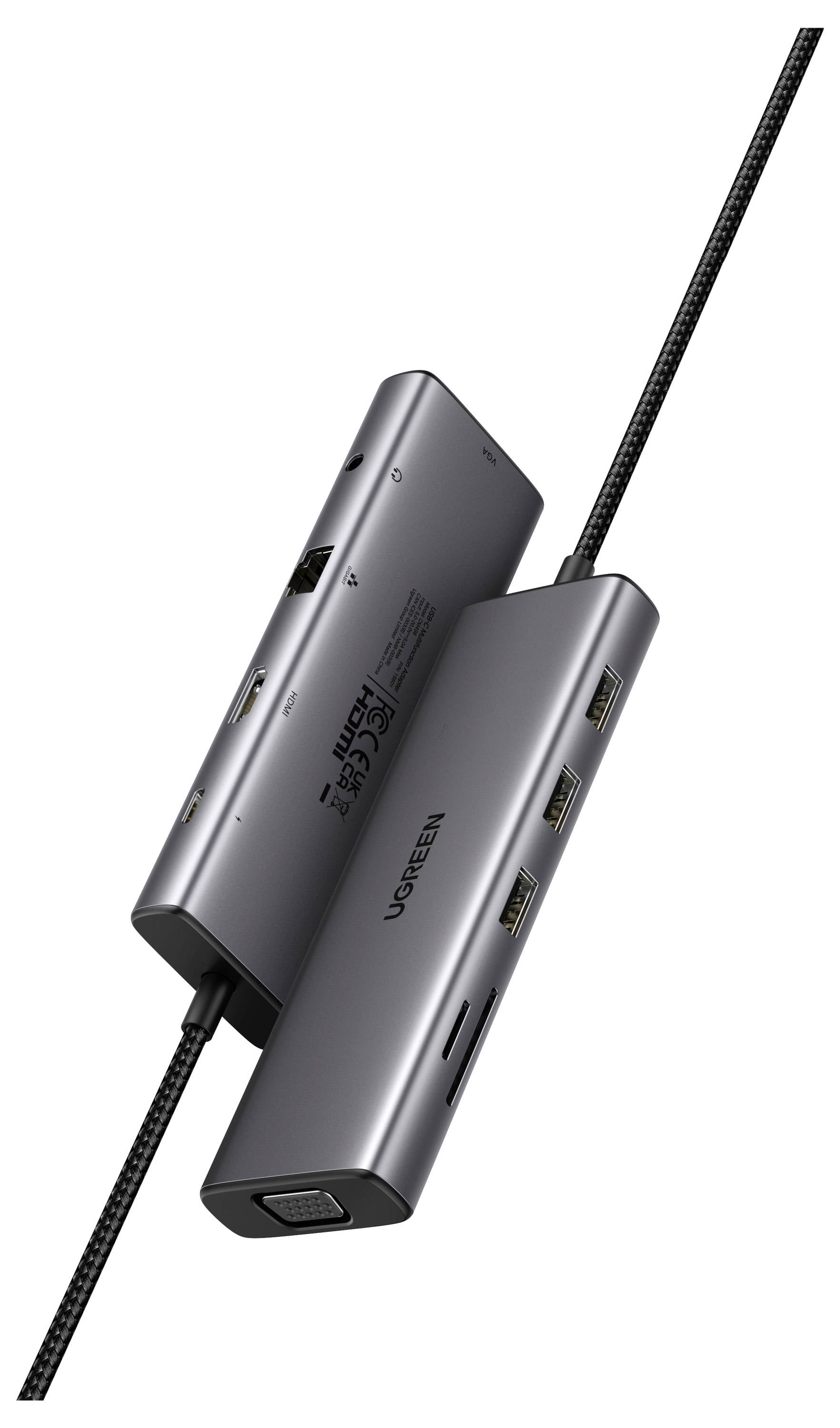 Ein schlanker, metallischer USB-Hub mit mehreren Anschlüssen, darunter USB und HDMI, der an einem geflochtenen Kabel befestigt ist. Der Markenname ist sichtbar.