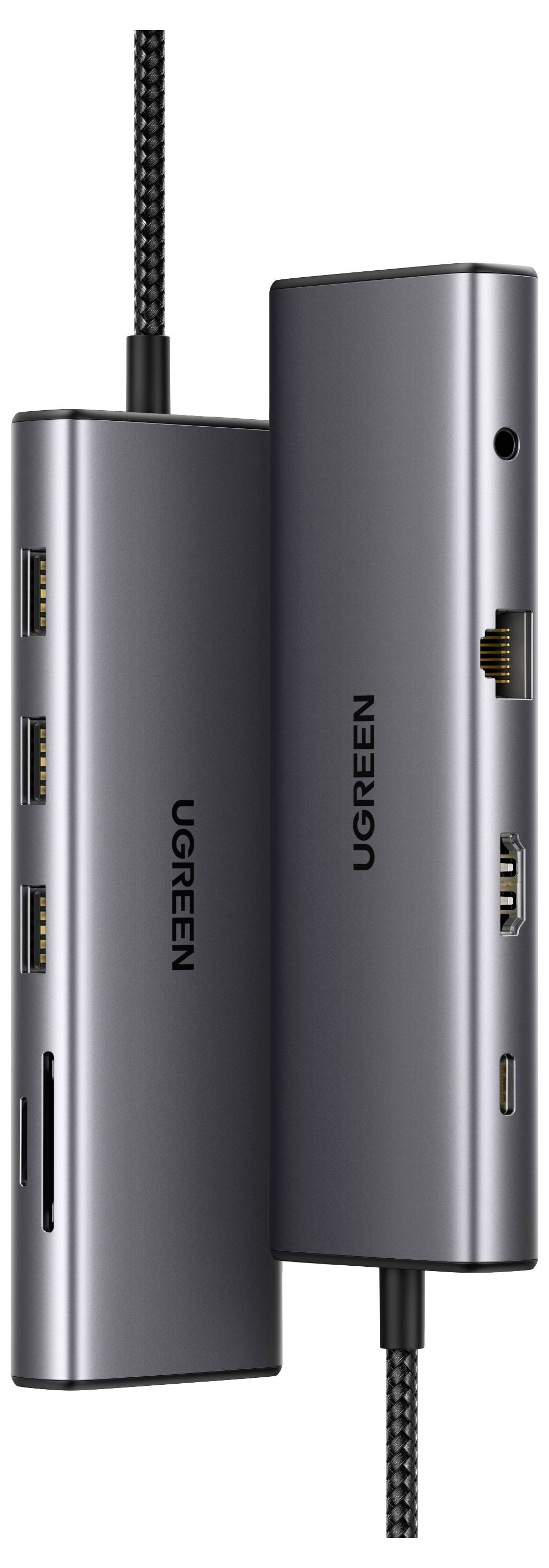 Ein schlanker USB-C-Hub mit mehreren Anschlüssen, darunter USB-A, Ethernet, HDMI und einen Speicherkartensteckplatz.
