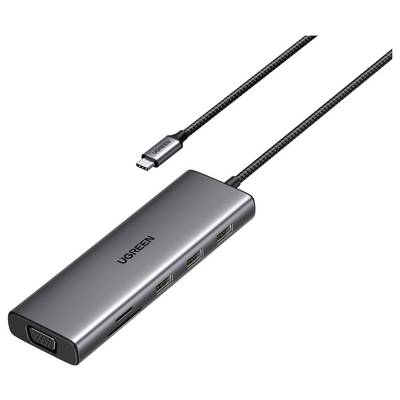 Ein USB-C-Multiport-Adapter mit mehreren USB-Anschlüssen, einem VGA-Anschluss und einem Kabel. Die Marke 'UGREEN' ist auf dem Gerät gedruckt.