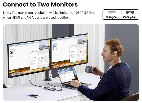 Mann mit Laptop, der an zwei Monitore angeschlossen ist; Text lautet "An zwei Monitore anschließen" mit einem Hinweis zu Auflösungsbeschränkungen.