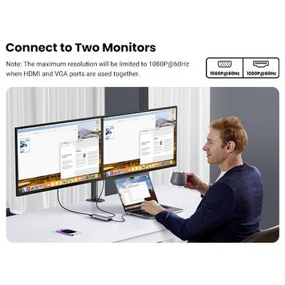"Verbinden Sie zwei Monitore." Bild zeigt eine Person, die einen Laptop verwendet, der mit zwei Monitoren mit dem gleichen Bildschirm verbunden ist. Hinweis erwähnt Begrenzung auf 1080P@60Hz bei Verwendung von HDMI- und VGA-Anschlüssen.