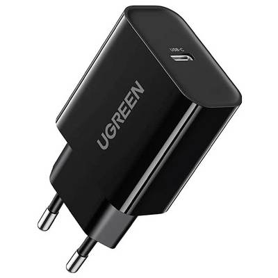 Ein schwarzer UGREEN USB-C Wandladegerät mit zwei Stiften, konzipiert für das schnelle Aufladen elektronischer Geräte.