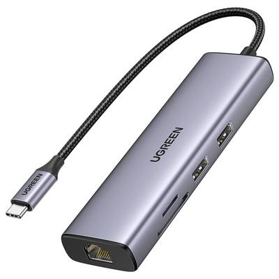 Ein silberner UGREEN USB-C-Hub mit zwei USB-Anschlüssen, einem Ethernet-Port und zusätzlichen Steckplätzen, dargestellt mit angeschlossenem Kabel. Ideal zur Erweiterung der Konnektivität.