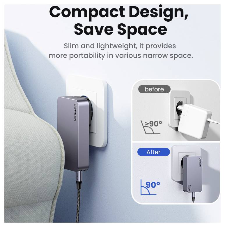 Kompaktes Design, Platz sparen' Steckeradapter wird in Gebrauch gezeigt, wobei zwei Bilder mit den Bezeichnungen ‚Vorher' und ‚Nachher' den schmalen Profil demonstrieren.