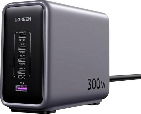 UGREEN Nexode Netzteil / Stromversorgung 300 W USB 3.0 Buchse A, USB-C® Buchse, USB-C® Buchse, USB-C® Buchse, USB-C® Buchse USB PD Schwarz, Grau Innenbereich GaN, Ausgangsspannung regelbar, Schnellladegerät