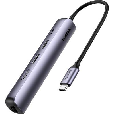 Ein schlanker, silberner USB-C-Multiport-Adapter mit Markenname. Er verfügt über drei USB-Anschlüsse, einen HDMI-Anschluss, einen Ethernet-Anschluss und einen SD-Kartenslot.