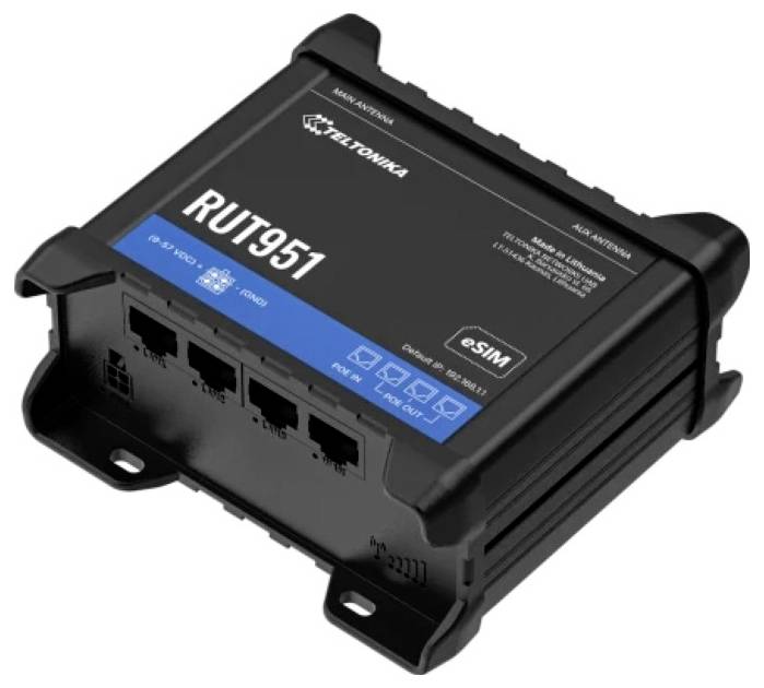 „Abbildung eines schwarzen Teltonika RUT951 Routers mit mehreren Anschlüssen, was auf die Verwendung für Internetverbindung und Netzwerkmanagement hinweist."