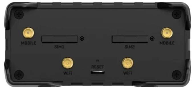 Das Bild zeigt ein schwarzes Gerätefeld mit zwei SIM-Steckplätzen, die mit "SIM1" und "SIM2" beschriftet sind, sowie vier Anschlüssen, die mit "Mobile" und "WLAN" gekennzeichnet sind. Zusätzlich befindet sich ein "Reset"-Knopf auf dem Panel.