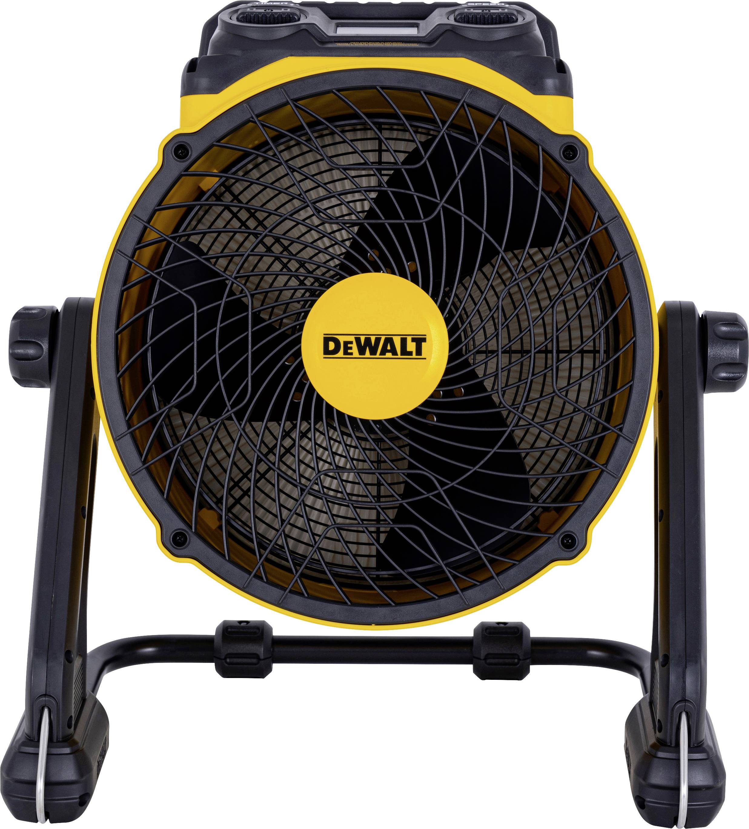 Ein gelb-schwarzer tragbarer DeWALT-Ventilator mit kreisförmigem Gesicht und robustem Rahmen, entworfen für den Einsatz auf Baustellen oder Arbeitsplätzen.