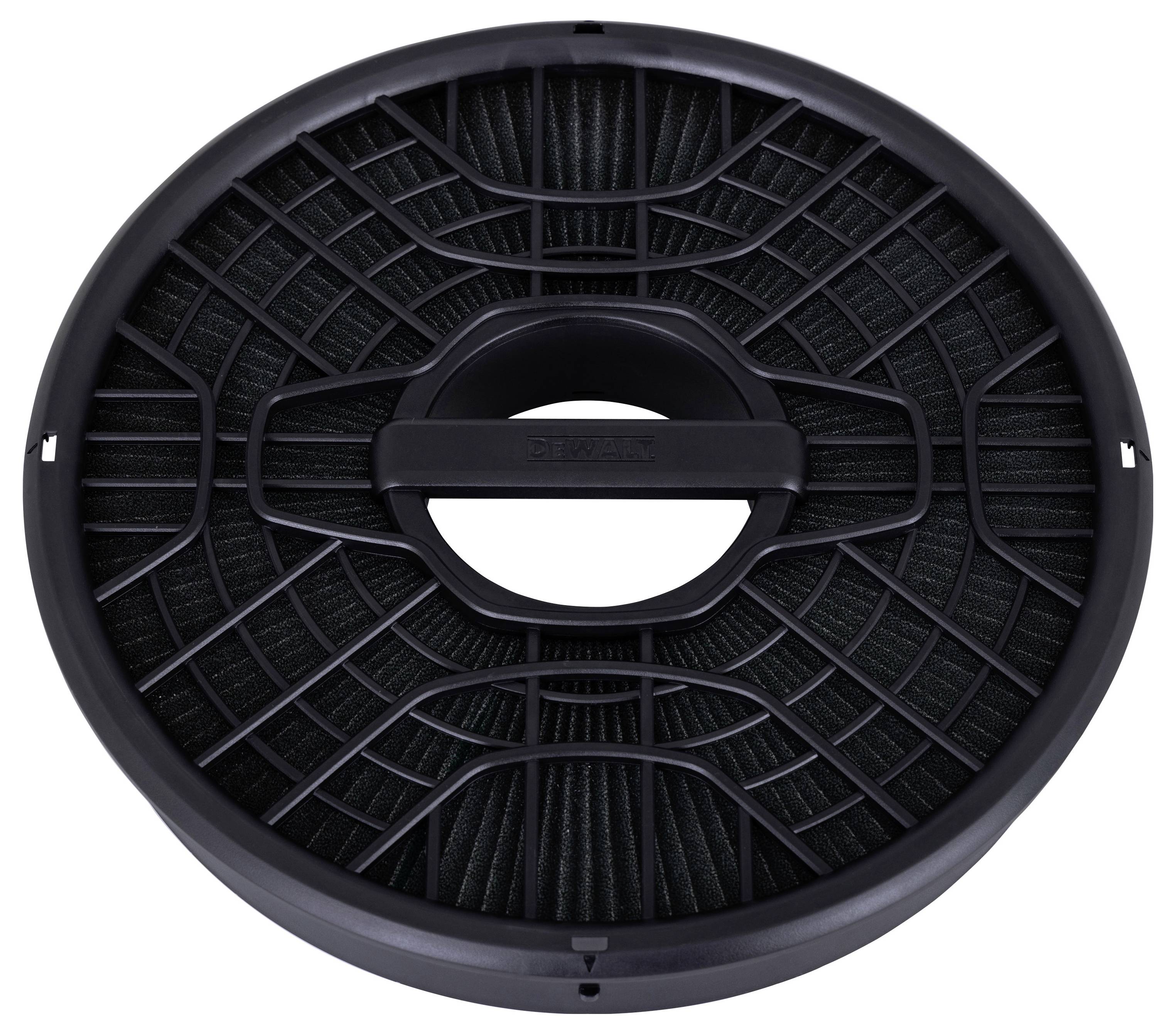 Runde schwarze Lautsprechergitter oder Lüftungsabdeckung mit einer zentralen griffähnlichen Öffnung, frontal auf weißem Hintergrund dargestellt.