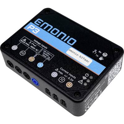 'EMONIO P3' schwarzes elektronisches Gerät mit Spannungs- und Stromeingangsanzeigen. Wird zur Energieüberwachung mit Konnektivitätsfunktionen verwendet.