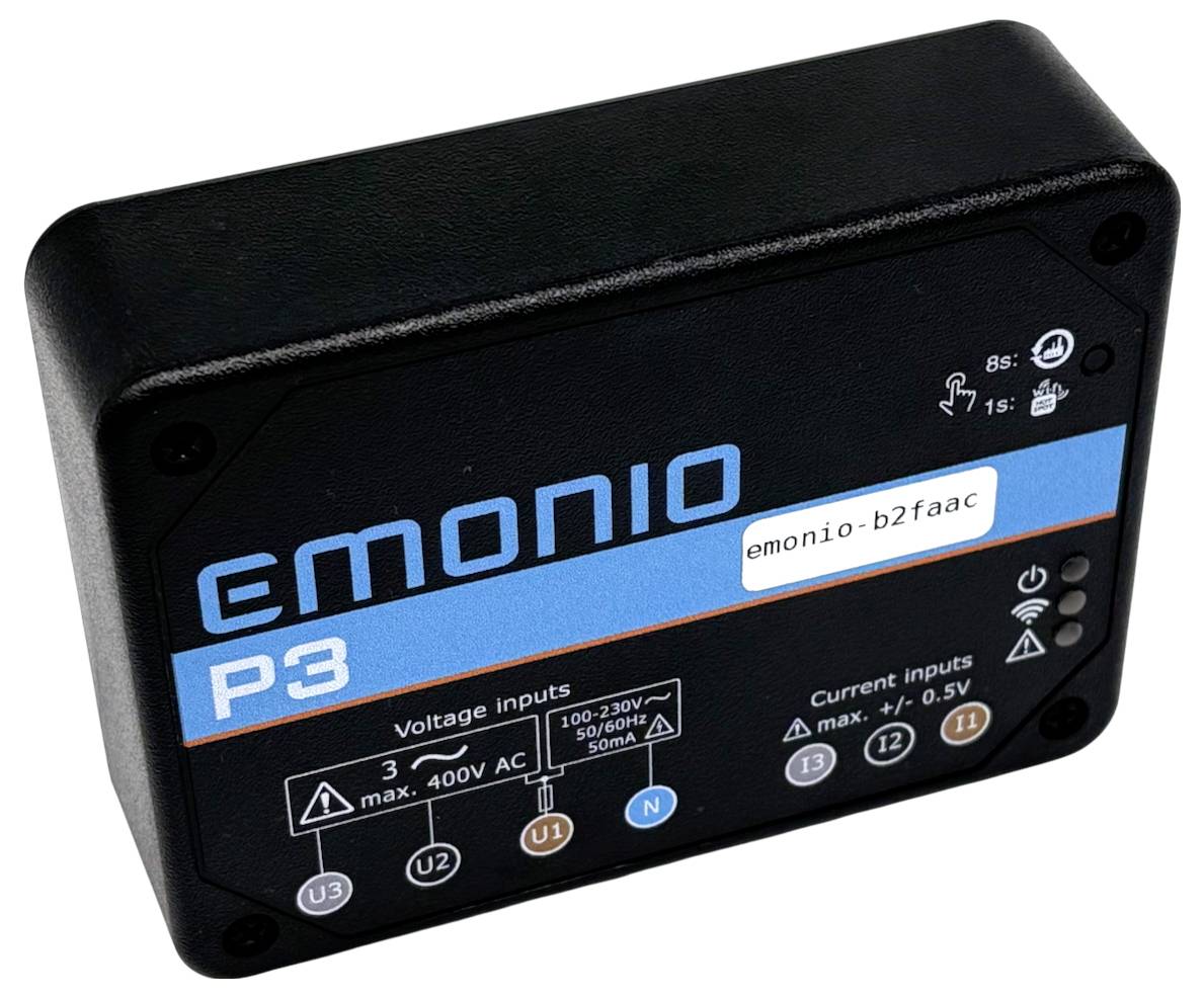 'EMONIO P3' Elektrogerät zur Anzeige von Spannungs- und Stromeingangsparametern, mit Kennzeichnung der Höchstwerte, geeignet zur Überwachung elektrischer Parameter.