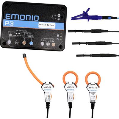 Emonio P3 Energiemonitor und Zubehör einschließlich Messsonden und Sensoren zur Messung elektrischer Parameter.