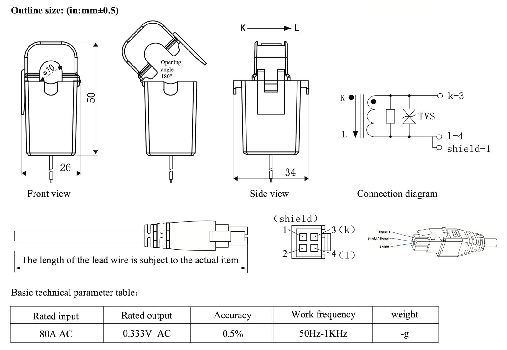 Technische Zeichnung einer mechanischen Komponente mit Vorder- und Seitenansicht, Anschlussdiagramm und Tabelle der grundlegenden technischen Parameter: Nenneingang 80A AC, Nennausgang 0,333V AC, Genauigkeit 0,5%, Frequenz 50Hz-1kHz.