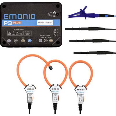 Das Bild zeigt ein Emonio P3 Plus Gerät mit Spannungseingängen und MRC-50 Sensoren, das zur Überwachung elektrischer Parameter verwendet wird.