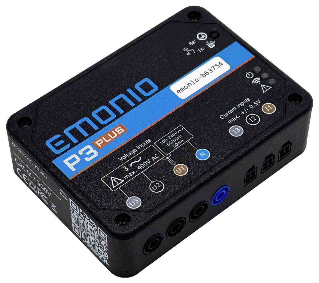 Elektronisches Gerät 'Emonio P3 plus', das Spannungseingänge, Stromeingänge, Produktinformationen und verschiedene Anschlussports anzeigt.
