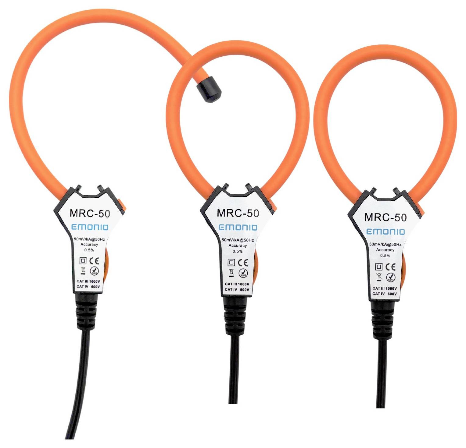 Drei orangefarbene flexible Stromzangen mit der Bezeichnung "MRC-50" zum Messen elektrischer Ströme, jeweils mit einem schwarzen Kabel verbunden.