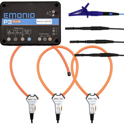 Ein EMONIO P3 Plus-Gerät mit Spannungseingängen und zwei angeschlossenen MRC-100-Sonden zur elektrischen Überwachung wird dargestellt.