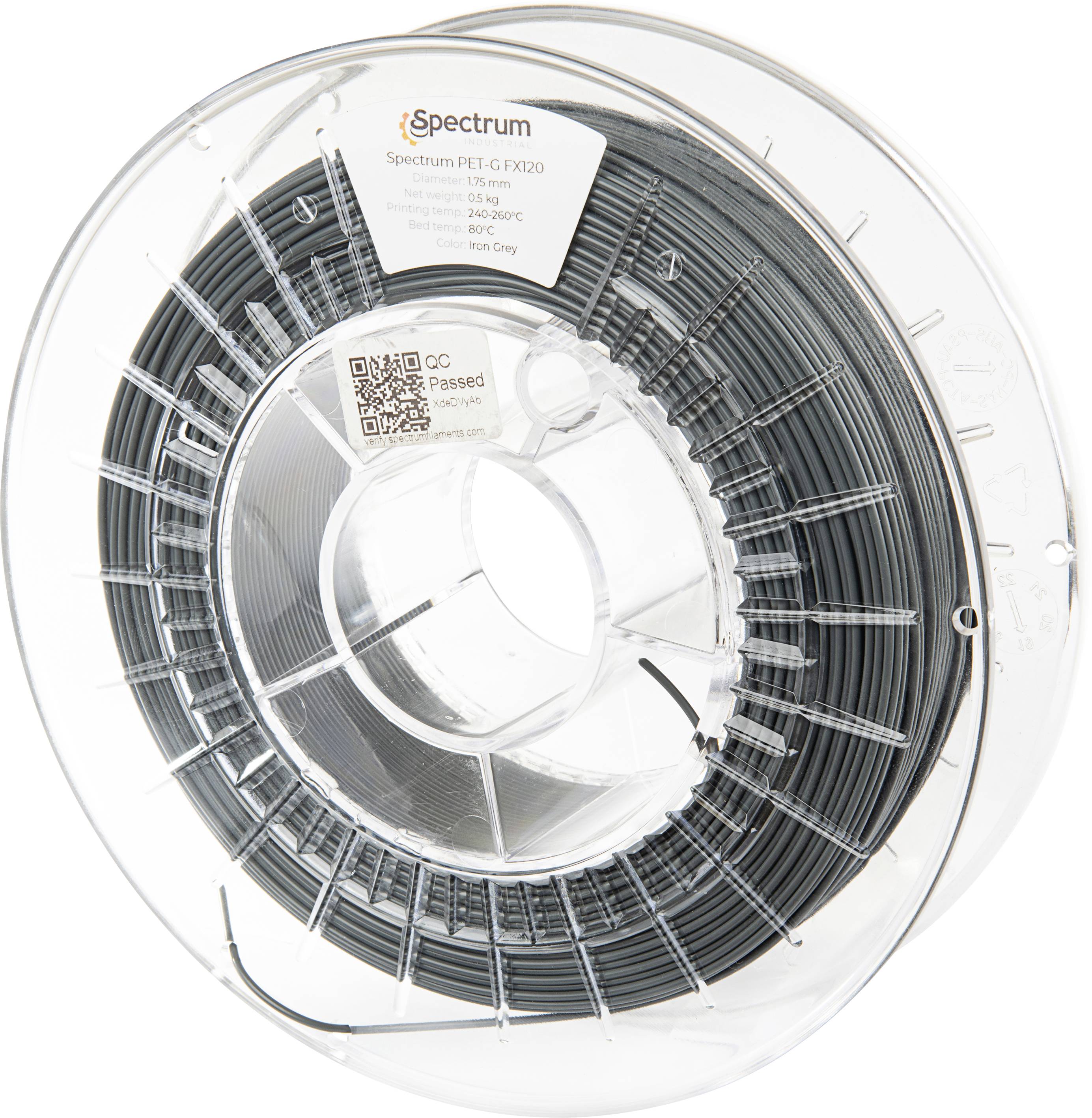 Eine Rolle Spectrum PET-G FX20 3D-Druckerfilament, mit der Bezeichnung ‚Eisengrau', mit sichtbaren Temperatureinstellungen und QR-Code.