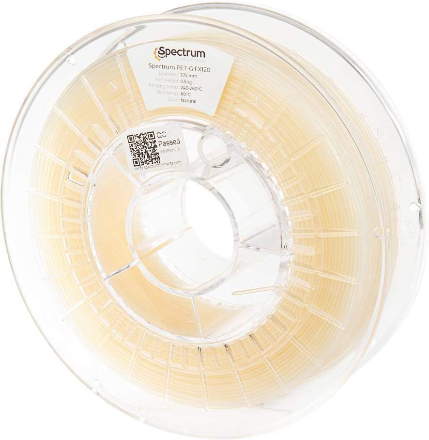 Eine Spule aus transluzenter, pfirsichfarbener 3D-Druckfilament mit der Bezeichnung "Spectrum PET-GFX200". Das Etikett enthält einen QR-Code und Temperaturempfehlungen.