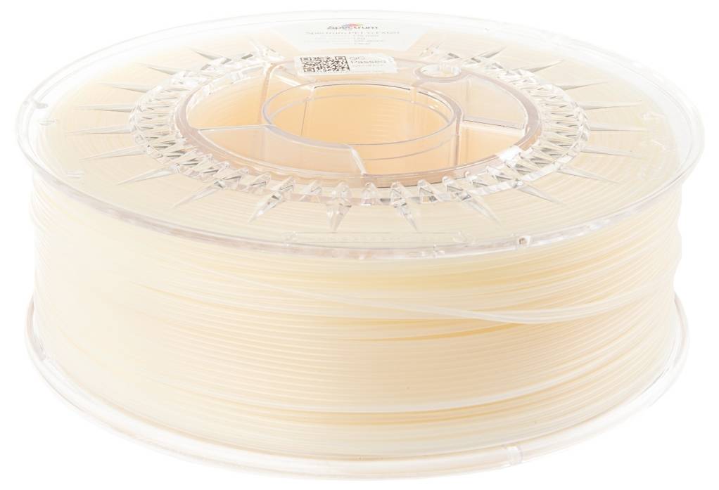 Eine Spule aus durchscheinendem, pfirsichfarbenem 3D-Druckerfilament mit sichtbarer Beschriftung auf der Verpackung oben.