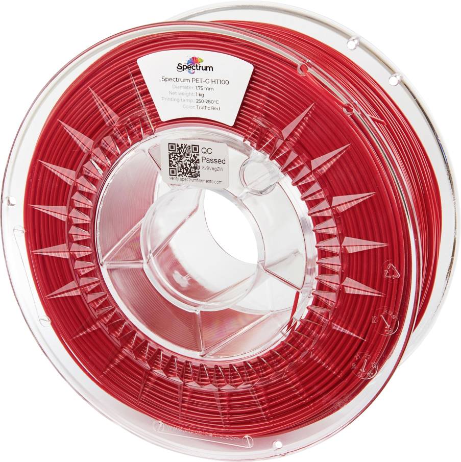 Eine Spule rotes 3D-Druckerfilament mit der Aufschrift "Spectrum PET-G HT100". Das Etikett zeigt, dass es einen Durchmesser von 1,75 mm hat und 1 kg wiegt.