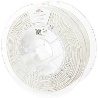 Eine Rolle Spectrum PET-G Matt 3D-Druckerfilament in Naturweiß, gekennzeichnet mit einem QR-Code und einem Aufkleber für bestandene Qualitätskontrolle.