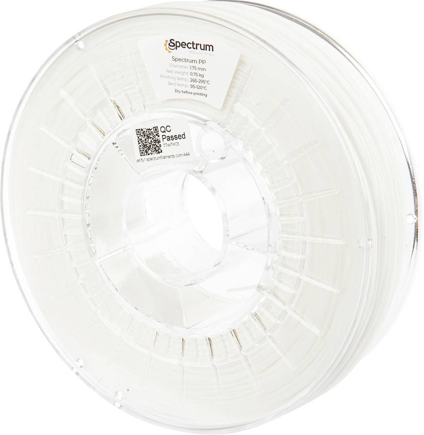Eine transparente Rolle des 3D-Druckfilaments mit der Bezeichnung 'Spectrum PP', 1,75 mm, 1 kg, mit einem QR-Code und einem Qualitätssicherungsaufkleber.