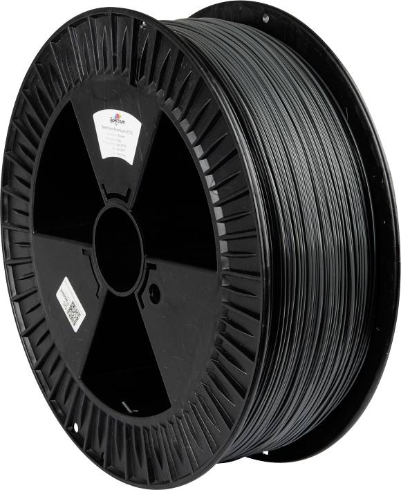Eine Spule schwarzen Filamentdrahts, die für den 3D-Druck verwendet wird, mit Etiketten auf der Spule, die Spezifikationen angeben.