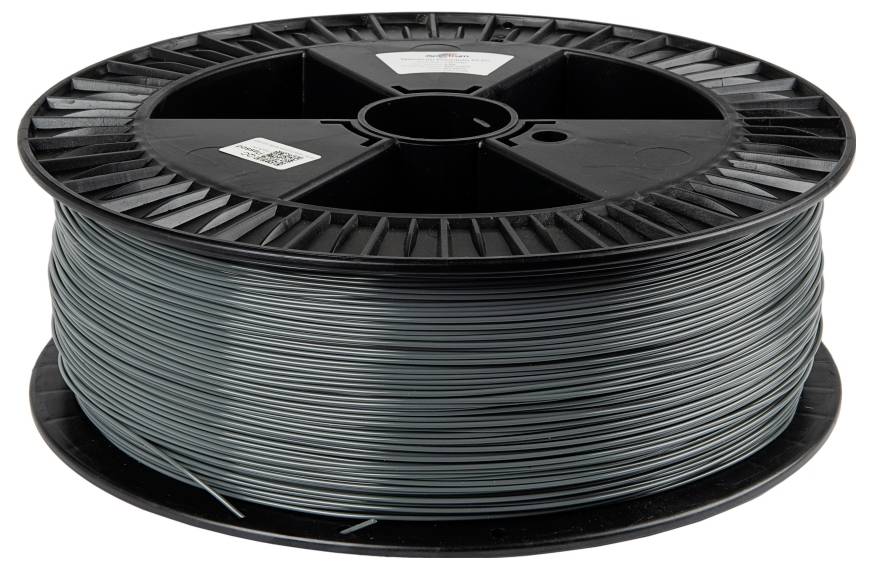 Eine Spule grauen 3D-Druckfilaments, ordentlich aufgewickelt zur Verwendung in 3D-Druckern.