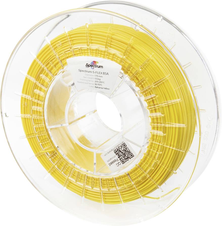 Spule gelbes 3D-Druckerfilament mit der Aufschrift "Spectrum S-Flex 85A".