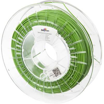Eine Spule grünes 3D-Druckfilament, beschriftet mit ‚Spectrum S-Flex 85A', geeignet für flexible Druckanwendungen.