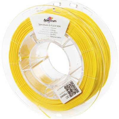 Eine Rolle leuchtend gelben 3D-Druckfilaments mit der Aufschrift 'Spectrum S-FLEX 90A'. Geeignet für 3D-Drucker mit einem Temperaturbereich von 200-230°C.
