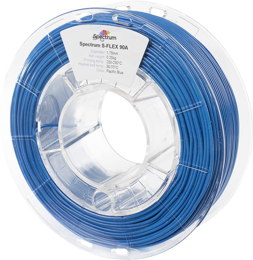 Eine Rolle blaues 3D-Druckfilament, beschriftet mit 'Spectrum S-FLEX 90A', Durchmesser 1,75 mm, Nettogewicht 1,0 kg, Temperaturbereich 200-230°C.