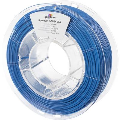 Eine Rolle blaues 3D-Druckfilament, beschriftet mit 'Spectrum S-FLEX 90A', Durchmesser 1,75 mm, Nettogewicht 1,0 kg, Temperaturbereich 200-230°C.