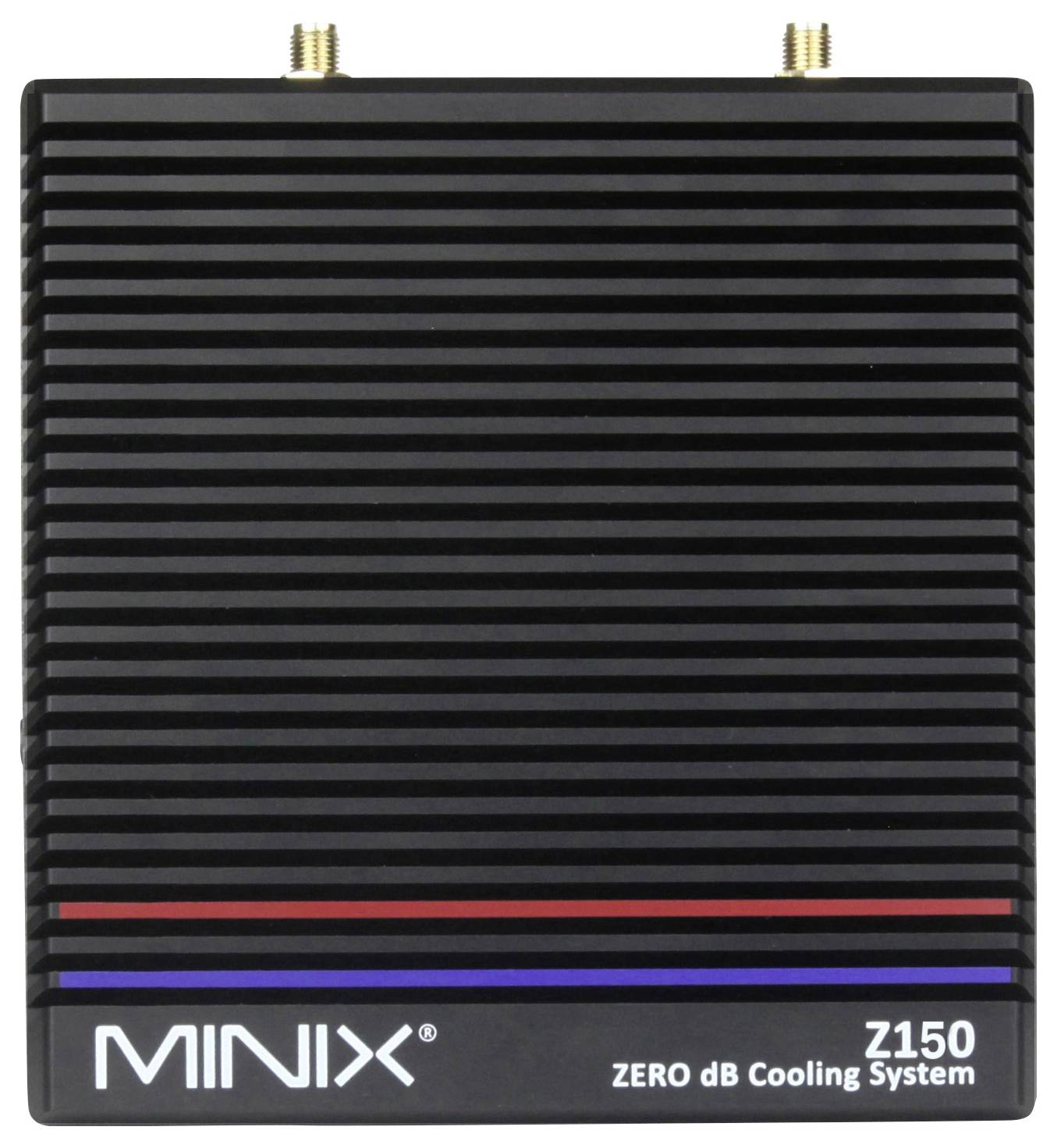 'MINIX Z150 ZERO dB Kühlsystem', zeigt eine schwarze, rechteckige Kühleinheit mit horizontalen Rillen und zwei Anschlüssen oben.
