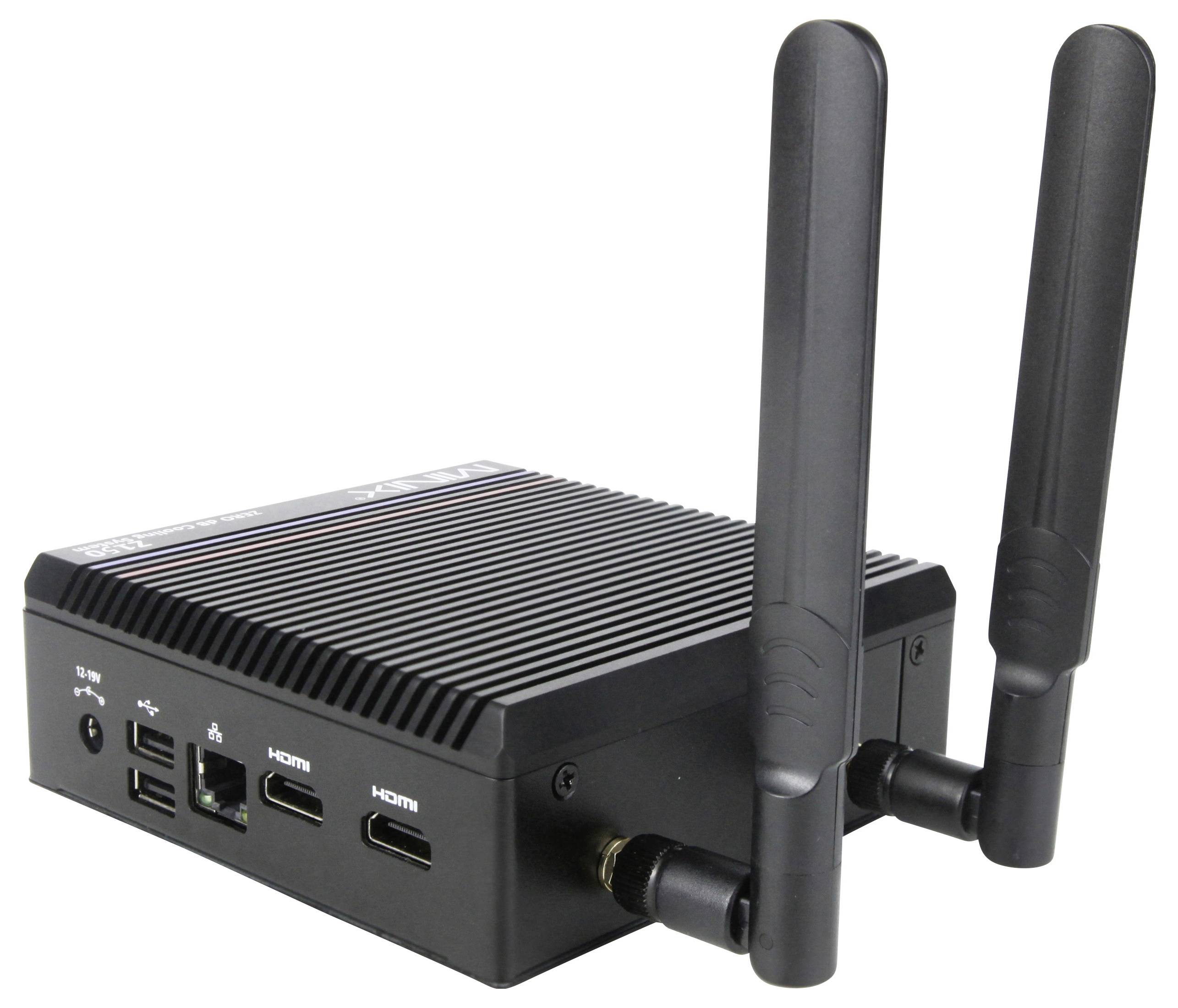 Ein kompaktes schwarzes Gerät mit zwei Antennen, das verschiedene Anschlüsse wie HDMI und USB umfasst und zur Verbesserung der Netzwerkverbindung dient.