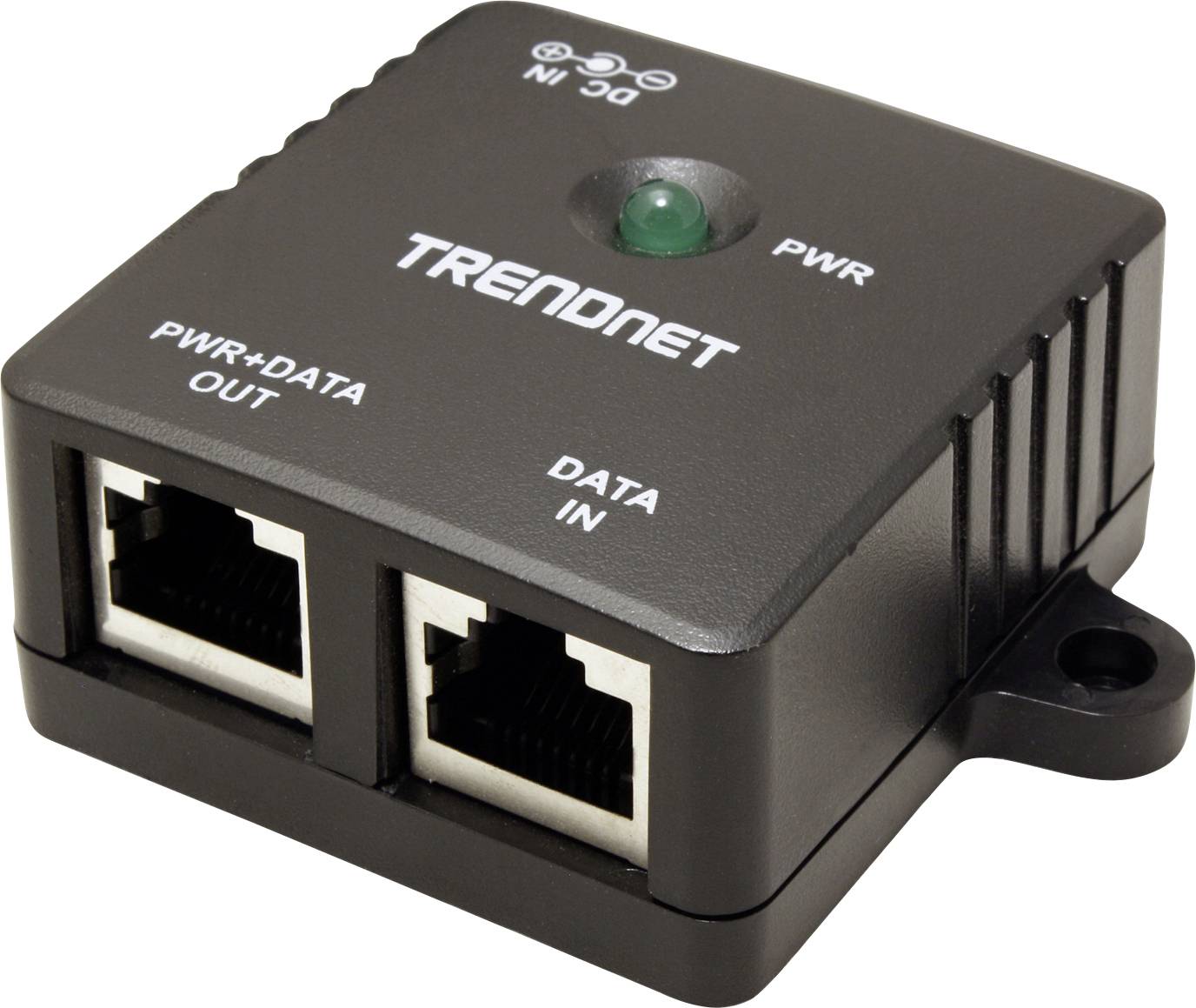 Ein schwarzer TRENDnet Power over Ethernet (PoE) Injektor mit zwei Ethernet-Anschlüssen, die mit ‚PWR+DATA OUT' und ‚DATA IN' beschriftet sind, und einer grünen Stromanzeigelampe.