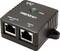 Ein schwarzer TRENDnet Power over Ethernet (PoE) Injektor mit zwei Ethernet-Anschlüssen, die mit ‚PWR+DATA OUT' und ‚DATA IN' beschriftet sind, und einer grünen Stromanzeigelampe.