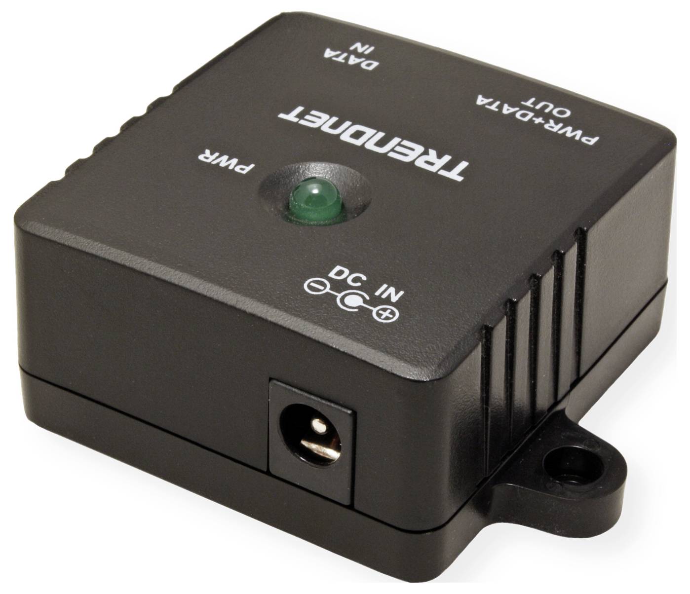 Ein kompaktes schwarzes Gerät mit der Aufschrift "TRENDnet", das über Strom- und Dateneingabe-/ausgabeports verfügt und eine grüne LED-Anzeige besitzt.